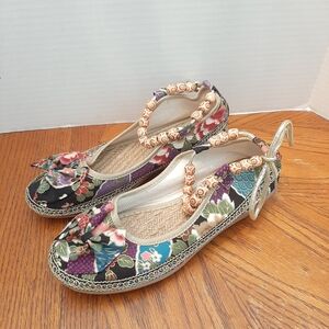 🔥Cute Multicolor Floral Beaded Ankle Knotted Bow Trim Accent Sandals Size 41